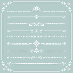 Vintage set of vector decorative elements. Horizontal separators in the frame. Collection of white different ornaments. Classic patterns. Set of vintage patterns