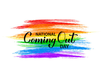 National Coming Out Day calligraphy hand lettering with rainbow flag. Annual holiday in USA on October 11. LGBT community concept. Vector template for banner, typography poster, sticker, t-shirt