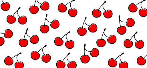 Fresh cherry fruits. Continuous line drawing of fruit, silhouette. line art drawing style. Black line sketch pattern. Flat vector graphic hand draw sign.  Cartoon.