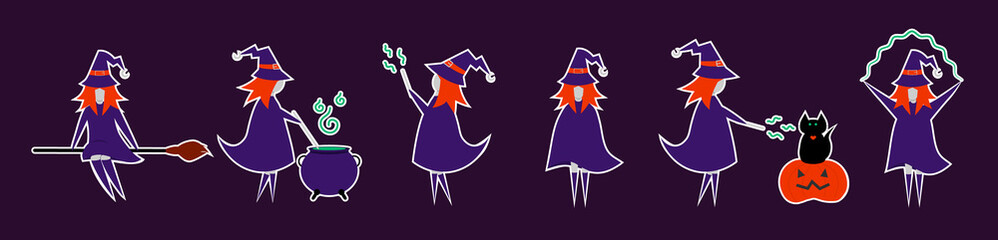 Set of witch stickers in different pose for Halloween. Costume for masquerade. Cute flat vector illustration on isolated background.