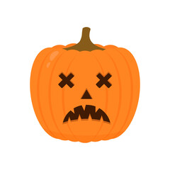 Halloween Pumpkin with scary face icon isolated on white. Cute cartoon Jack-o -Lantern. Halloween party decorations. Easy to edit vector template