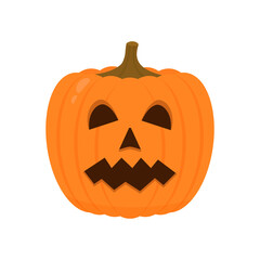 Halloween Pumpkin with scary face icon isolated on white. Cute cartoon Jack-o -Lantern. Halloween party decorations. Easy to edit vector template