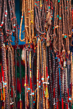 Religious beads for sale at a curio shop in Nepal.