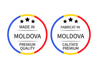 Made in Moldova round labels in English and in Romanian languages . Quality mark vector icon. Perfect for logo design, tags, badges, stickers, emblem, product packaging, etc