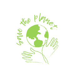 Save the planet. Logo for poster or banner. Ecology protection symbol. Wildlife protection. World wildlife day. Vector illustration  with Earth and hands. Green and white.