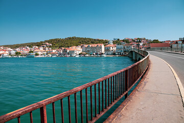 Fototapeta na wymiar Trogir/Croatia - 07.07.2020: Čiovski most (Ciovo Bridge) Trogir Croatia Red and Turquoise
