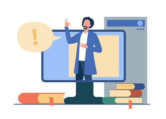 Lecturer talking during online webinar. Teacher, monitor, book flat vector illustration. Education and digital technology concept for banner, website design or landing web page