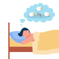 Man lying in bed and counting sheep. Relaxation, animal, night flat vector illustration. Sleeping and insomnia concept for banner, website design or landing web page