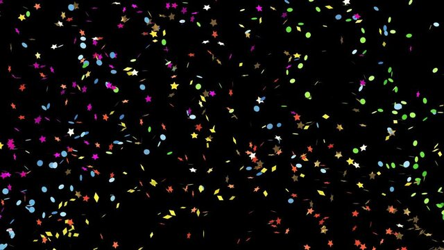 Colorful petard explosions. Confetti falling down on the black background 