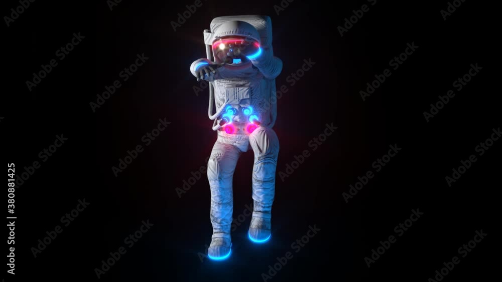 Poster funny dancing astronaut with neon light space suit. alpha channel. seamless loop
