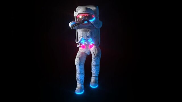 Funny Dancing Astronaut With Neon Light Space Suit. Alpha Channel. Seamless Loop