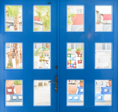 Blue frame door with view of plants and tree in garden