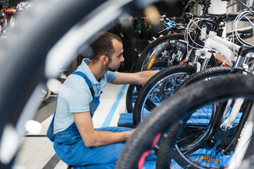 Bicycle shop, repairman looking on new bike