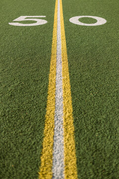 Fifty Yard Line Marked On Turf Football Field