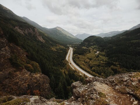 Winding Interstate Highway Through Cascade Mountain Pass