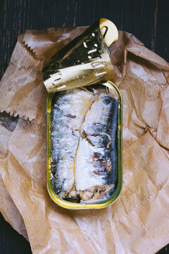 Sardines in a tin on table