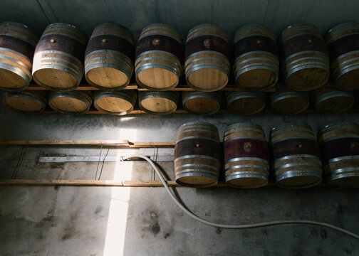 Lines of wine barrels stored at winery
