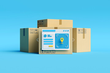 Logistics, delivery and online order tracking concept. Parcel boxes and user dashboard with gps tracker on blue background. Tracking app concept. 3d illustration. 3d render.