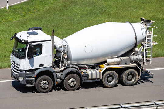 ENGELSKIRCHEN, GERMANY - JUNE 24, 2020: Mercedes-Benz Arocs concrete mixer on motorway.