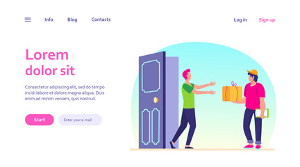 Courier delivering order to customer door. Man getting parcel, box, package flat vector illustration. Postman, shipping, service concept for banner, website design or landing web page