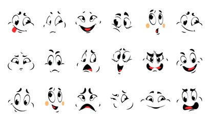 Funny cartoon faces. Comic different emotions. Vector character collection expressions smile and confused, angry and sad. Cute emoji contour black lines with red tongue isolated on white background