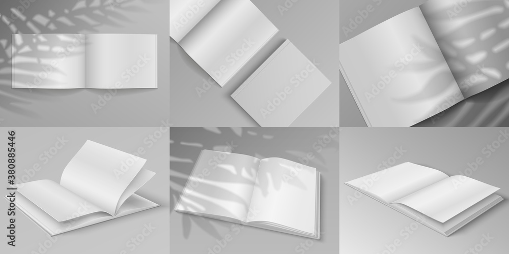 Aufkleber Brochure mockup. Realistic white blank magazine template with shadow overlay effect, open and closed flyer visualization element. 3d books from different angles with plant silhouette vector set