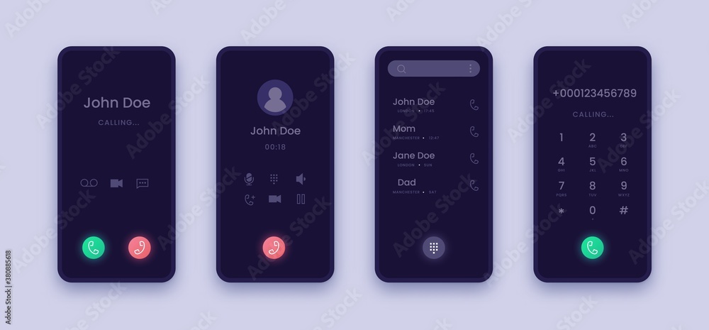 Aufkleber Incoming call screen. Smartphone application UI with contact interface, dial answer and decline buttons. Dark display for advertising gadgets, webposts and banners. Vector realistic mobile mockup