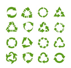 Obraz premium Recycle icons. Circle arrows, product reuse and eco symbols, environmental protection logo. Collection green flat emblems for posters, banners and packaging vector isolated round ecology signs