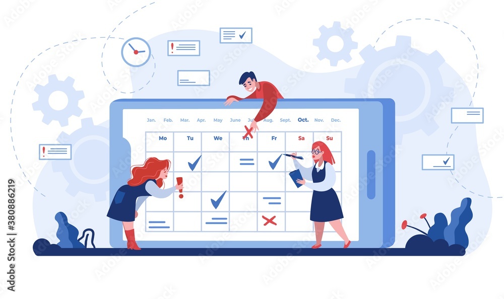 Poster Online schedule. Cartoon business people organizing workflow and marking events in smartphone calendar application. Vector flat isolated time management and planning concept for mobile and web app
