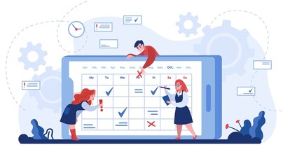 Online schedule. Cartoon business people organizing workflow and marking events in smartphone calendar application. Vector flat isolated time management and planning concept for mobile and web app