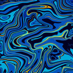 Marble blue background with gold  sea whirlwind, dark deep ocean. Vector liquid texture.