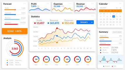 Infographic dashboard. Charts, bars and diagrams UI design elements for business presentation, mobile application and website template. White frames with statistics, calendar, forecast vector set