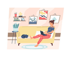 Home remote work. Cartoon young calm woman operating computer from house, comfortable workplace and interior. Cute adult girl sitting on sofa with laptop vector freelance illustration in pastel colors