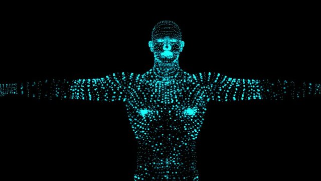 Human body low poly wireframe. Futuristic scan set, human hologram, body x-ray, 3d model in HUD style. Polygonal wireframe mesh with scattered particles and light effects on dark background.