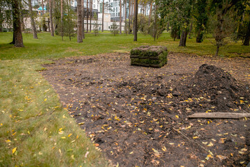Fototapeta premium The rolled grass lawn closeup is ready for laying.A pile of perfect rolled turf on a pallet closeup. Urban greening.