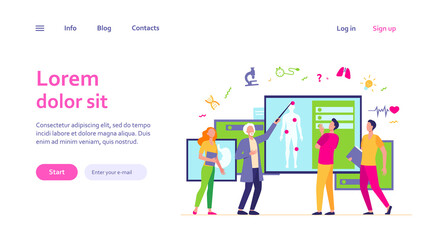 Senior professor lecturing students group in classroom. Grey haired doctor pointing at body silhouette, explaining human anatomy. Vector illustration for education, conference, class, medicine concept