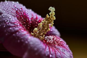 Spectacular flower with an elongated yellow pistil, bathed with raindrops on its pinkish petals