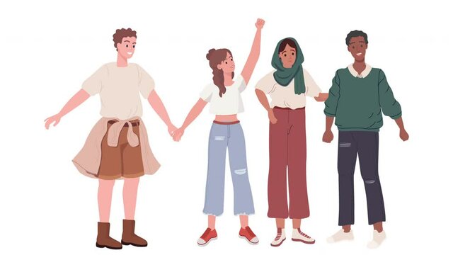 Group of young people of different nationalities. Collection of joyful African, Chinese, Muslim people on white background. Animation cartoon video