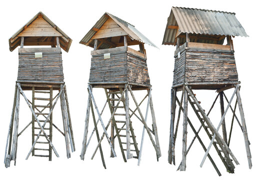 Watchtower isolated on a white background. Mockup for design. Wooden tower for hunting and observation. The tower from different angles.