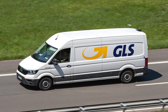 ENGELSKIRCHEN, GERMANY - JUNE 24, 2020: GLS MAN TGE delivery van on motorway. General Logistics Systems B.V. was founded in 1999 and is a subsidiary of British postal service Royal Mail.