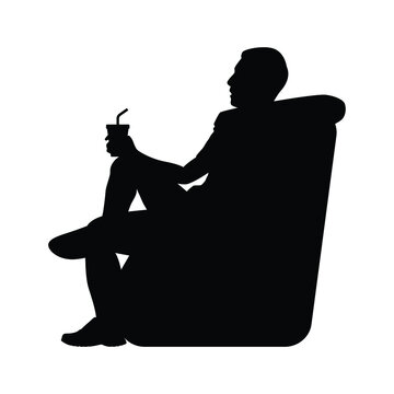 Man Sit On Sofa For Watching Movie Silhouette Vector