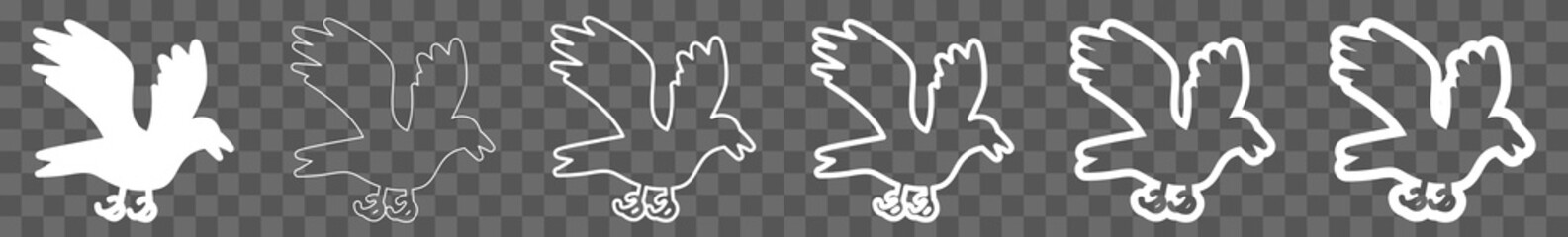 Bird Icon White | Crow Illustration | Dark Raven Symbol | Halloween Logo | Flight Sign | Isolated Transparent | Variations