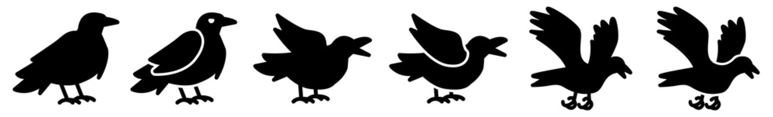 Crow Icon Black | Bird Illustration | Dark Raven Symbol | Halloween Logo | Flight Sign | Isolated | Variations