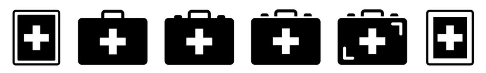 First Aid Kit Icon Black | Emergency Box Illustration | Medical Help Symbol | Paramedic Bag Logo | Cross Sign | Isolated | Variations