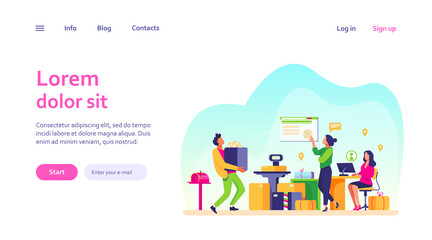 People working at post office flat vector illustration. Shipping and delivery service concept. Mail and parcels delivery cycle. Work process inside view.