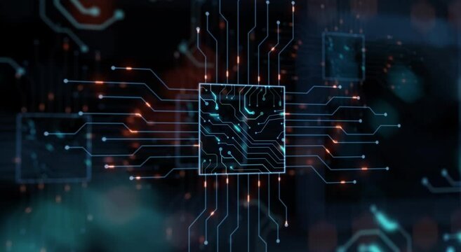 3D render of animation chip set cpu controller and print circuit for text or logo. Electrical signals flowing in electrical conductors. Technology cyber blockchain and futuristic mining concept