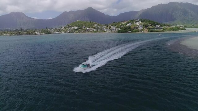 An extreme wide shot of the coast of Coconut Island, Kaneohe Bay, Hawaii, and a boat hurrying over the water towards the left corner of the frame, leaving a foamy trail