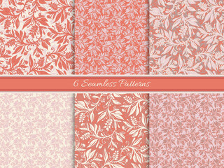 Set of 6 Floral seamless patterns with leaves and berries in coral, cream, pink colors, hand-drawn and digitized. Design for wallpaper, textile, fabric, wrapping, background.