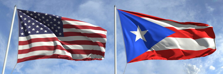 Waving flags of the USA and Puerto Rico on flagpoles, 3d rendering