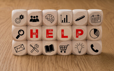 Dice with icons and the word Help